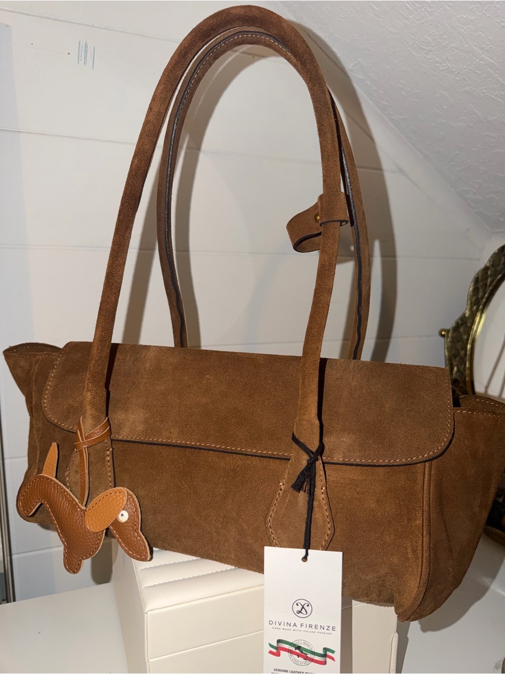 Divina Firenze East West Tan Suede Shoulder Bag